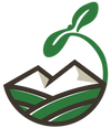 Icon showing stylized plant growing from mountains.