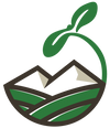 Icon showing stylized plant growing from mountains.  