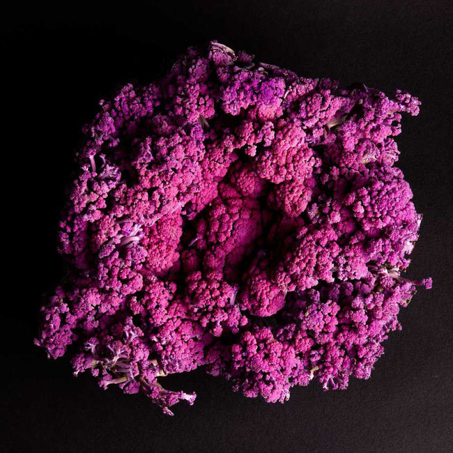 Close up of Murasaki Fioretto 70 purple long stem cauliflower head on dark background.