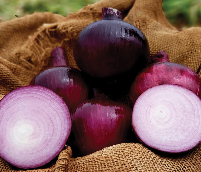 A group of dark red, barolo onions with one cut in half to show the inside, placed on a burlap fabric.