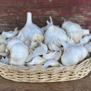 Basket of messidor garlic cloves on a wooden surface