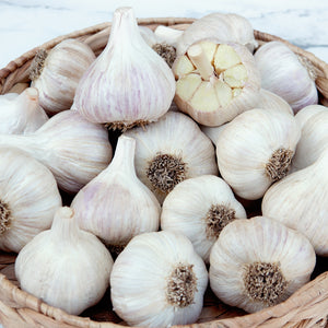 Basket of georgian crystal garlic bulbs on a light background