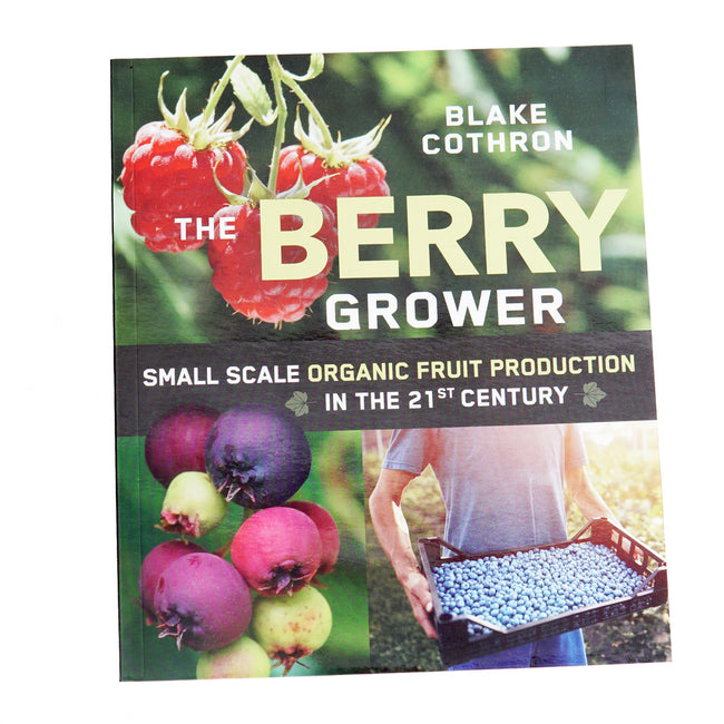 Book cover of 'The Berry Grower' by Blake Cothron with images of berries and a person holding a basket of blueberries.