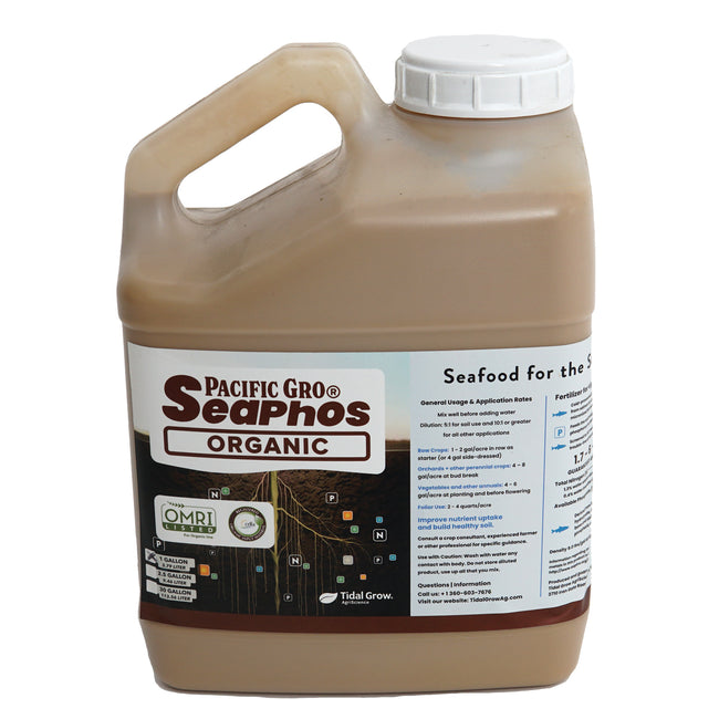 Gallon container of Pacific Gro SeaPhos Organic on a white background