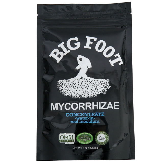 Black package of Big Foot Mycorrhizae with white text and logo on a white background