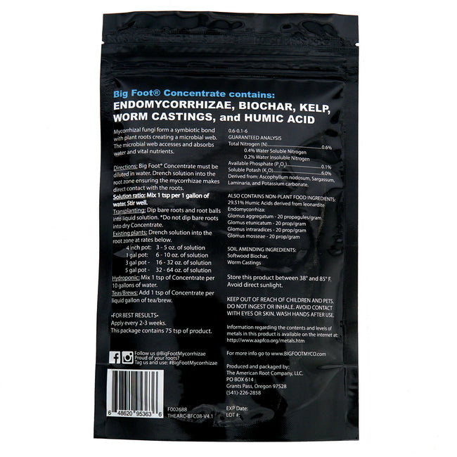 Black packaging of Big Foot Concentrate with text and nutritional information on a white background