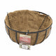 Coconut fiber hanging basket with metal frame and brand tag on a white background