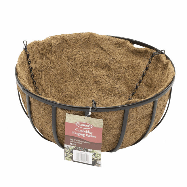 Coconut fiber hanging basket with metal frame and brand tag on a white background