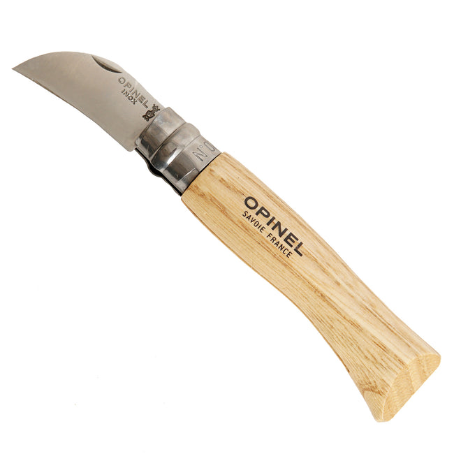 Opinel chestnut and garlic knife in open position on white background