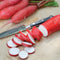Front view of Dragon radish showing red skin, white interior, and cylindrical roots with sliced pieces on a white background