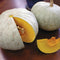 Front view of Sweet Meat winter squash showcasing a slate-gray round rind and one cut open to reveal deep orange flesh
